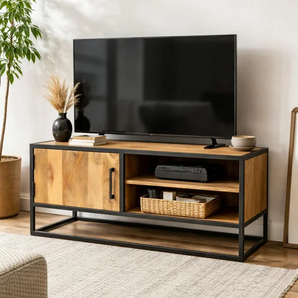 Meuble TV compact en bois clair et métal noir 1 porte RIVANO
