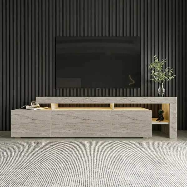 Meuble TV design effet travertin - 3 portes, niches MARFA