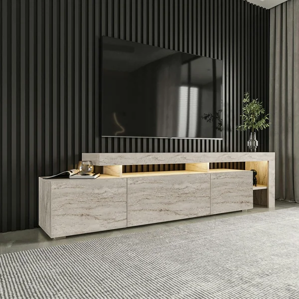 Meuble TV design effet travertin - 3 portes, niches MARFA