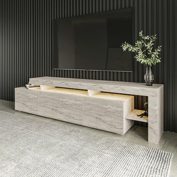 Meuble TV design effet travertin - 3 portes, niches MARFA