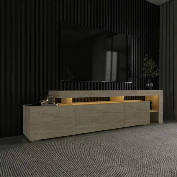 Meuble TV design effet travertin - 3 portes, niches MARFA