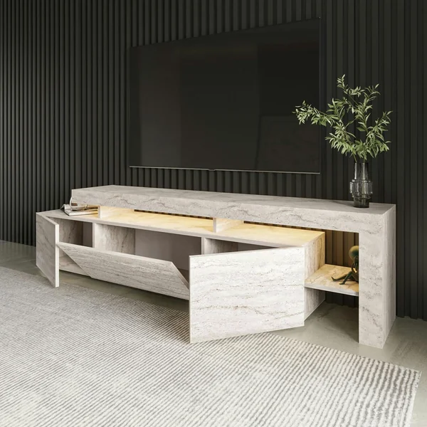 Meuble TV design effet travertin - 3 portes, niches MARFA