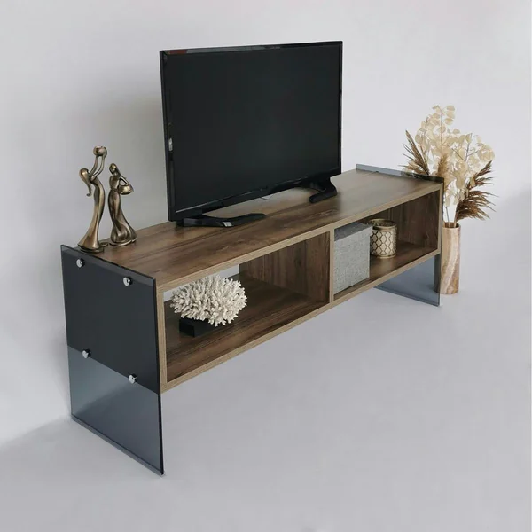 Meuble TV design montants verre fumé et décor noyer SALTA