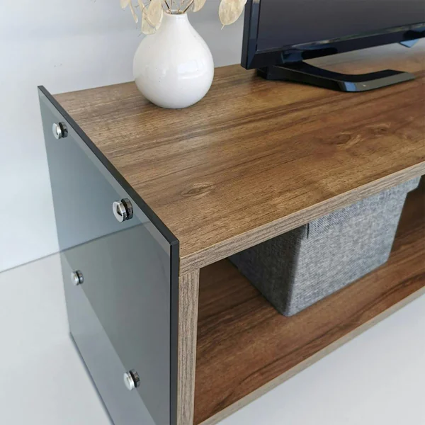 Meuble TV design montants verre fumé et décor noyer SALTA