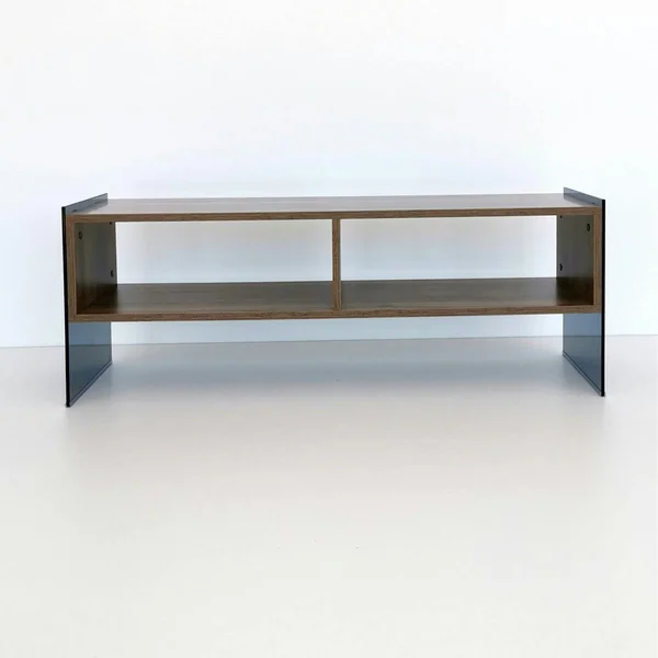 Meuble TV design montants verre fumé et décor noyer SALTA