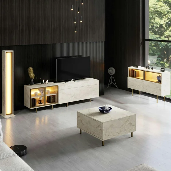 Meuble TV décor travertin et doré 2 portes 1 niche LED AURA