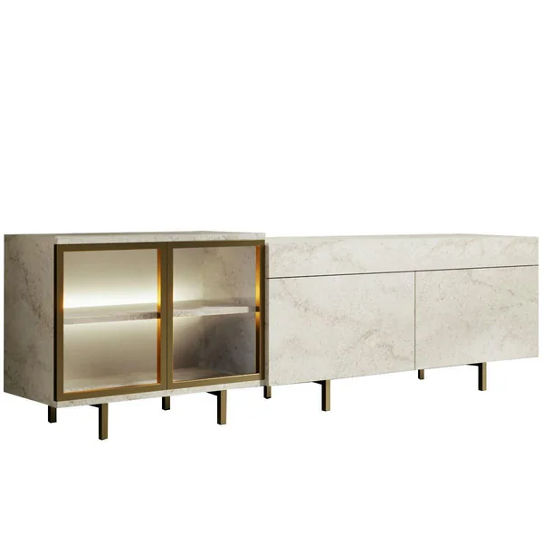 Meuble TV décor travertin et doré 2 portes 1 niche LED AURA