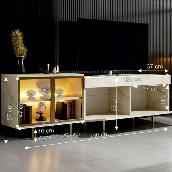 Meuble TV décor travertin et doré 2 portes 1 niche LED AURA