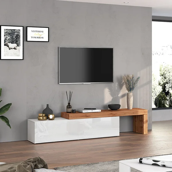 Meuble TV extensible 190/350 cm blanc brillant/chêne wotan Neros