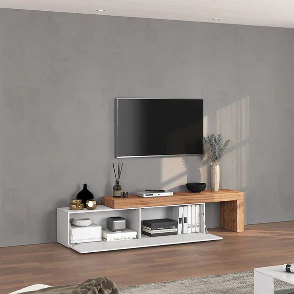 Meuble TV extensible 190/350 cm blanc brillant/chêne wotan Neros