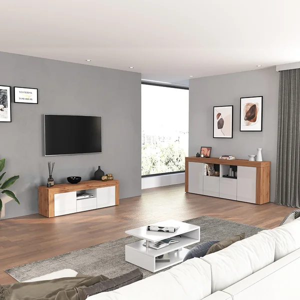 Meuble TV extensible 190/350 cm blanc brillant/chêne wotan Neros