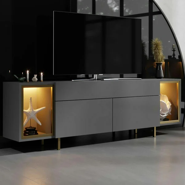 Meuble TV gris et doré 2 portes 2 niches LED AURA