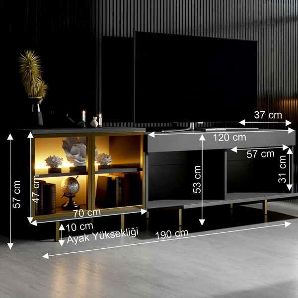 Meuble TV gris foncé et doré 2 portes 1 niche LED AURA