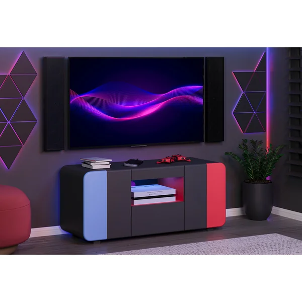 Meuble TV moderne 115 cm noir/bleu/rouge Lorie
