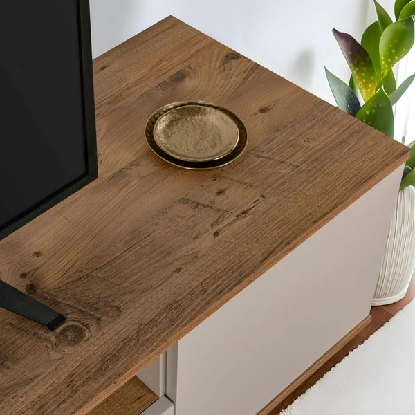 Meuble TV moderne 3 portes beige crème et effet pin MARFA
