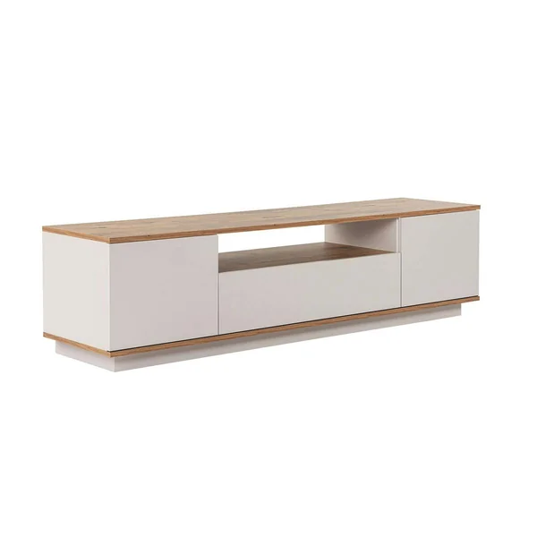 Meuble TV moderne 3 portes beige crème et effet pin MARFA
