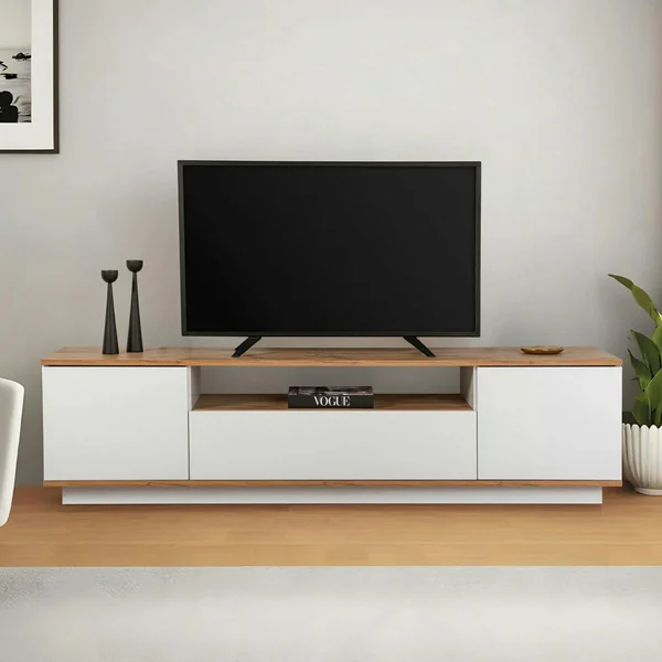 Meuble TV moderne 3 portes blanc et effet pin MARFA