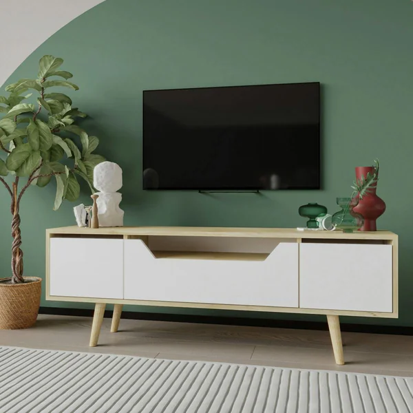 Meuble TV moderne 3 portes blanches cadre clair 150 cm MARFA