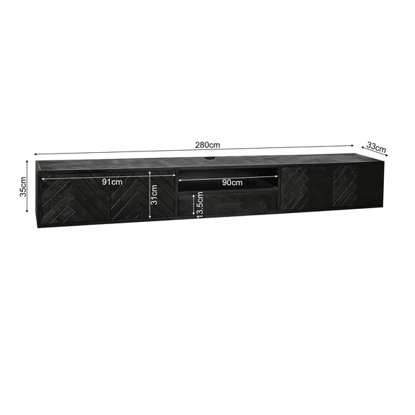 Meuble TV noir suspendu en bois avec rangement 280 cm ALVERA