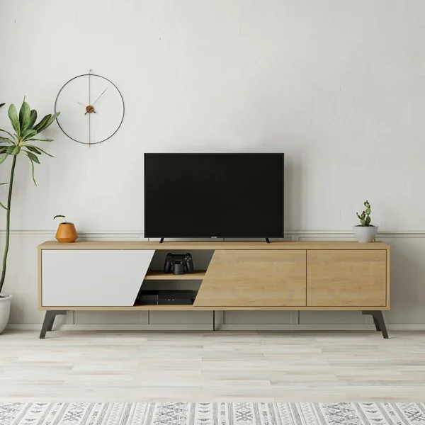 Meuble TV scandinave décor bois clair 1 porte blanche JENA
