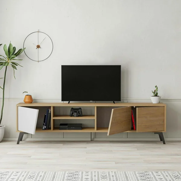 Meuble TV scandinave décor bois clair 1 porte blanche JENA