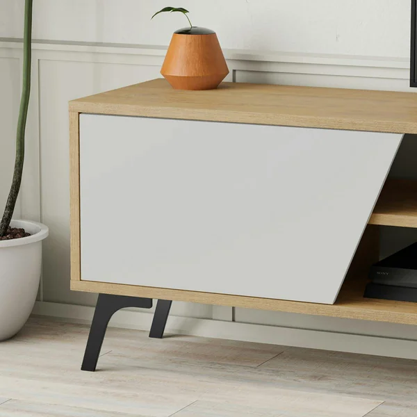 Meuble TV scandinave décor bois clair 1 porte blanche JENA