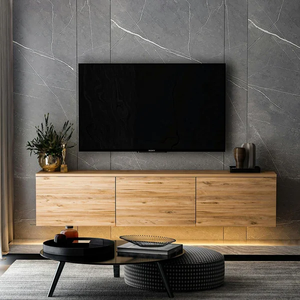 Meuble TV suspendu avec LED et caisson décor bois MARFA