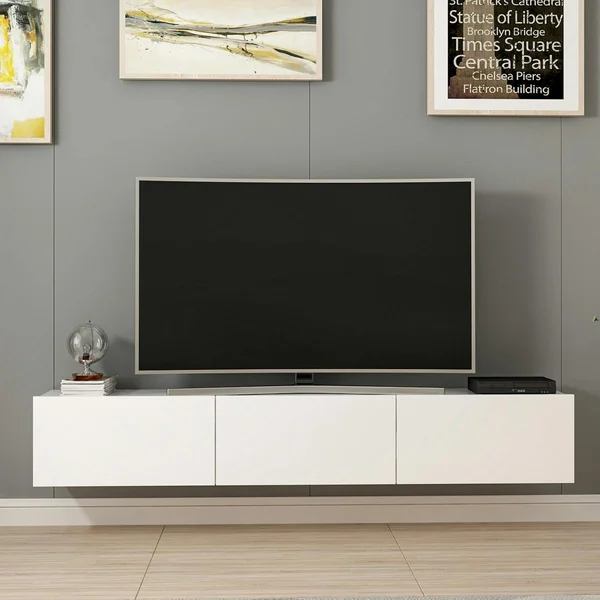 Meuble TV suspendu blanc 3 portes abattantes MARFA