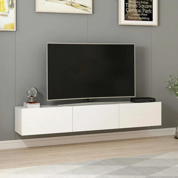 Meuble TV suspendu blanc 3 portes abattantes MARFA