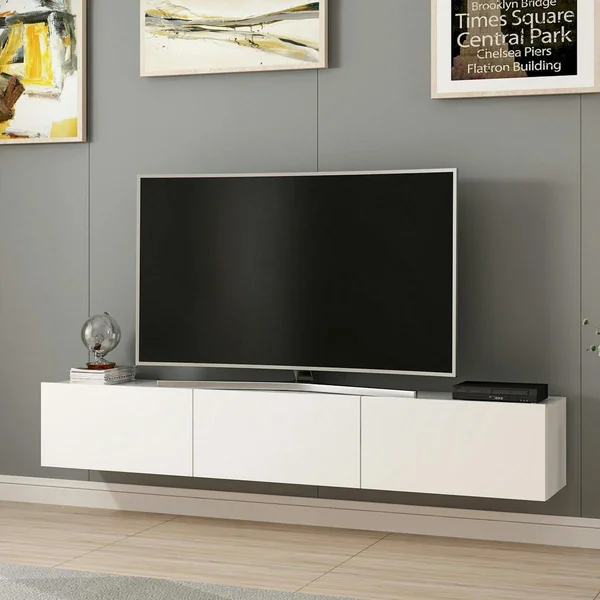 Meuble TV suspendu blanc 3 portes abattantes MARFA