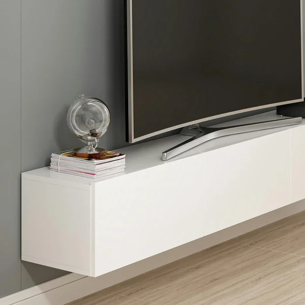 Meuble TV suspendu blanc 3 portes abattantes MARFA
