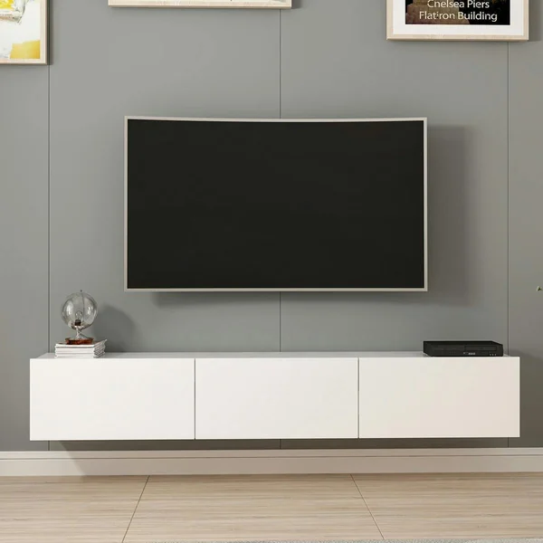 Meuble TV suspendu blanc 3 portes abattantes MARFA
