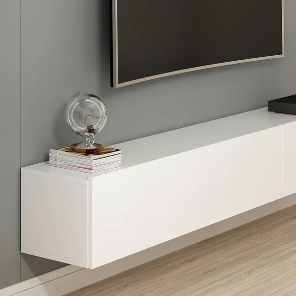 Meuble TV suspendu blanc 3 portes abattantes MARFA