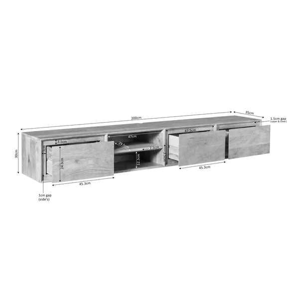 Meuble TV suspendu bois foncé 3 tiroirs 1 niche 200 cm AERA