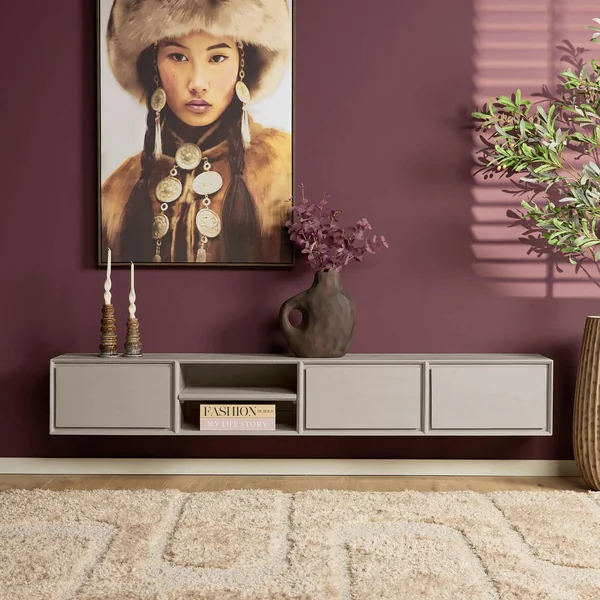 Meuble TV suspendu bois taupe 3 tiroirs 1 niche 200 cm AERA