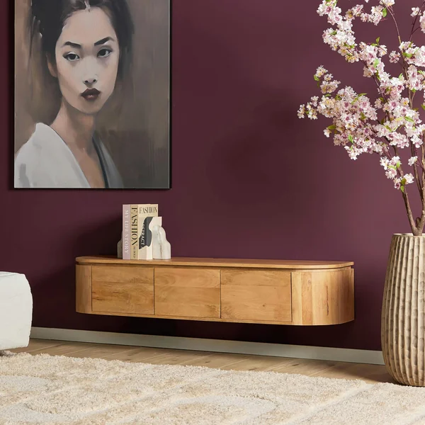 Meuble TV suspendu en bois, bords arrondis 160 cm AREZZO