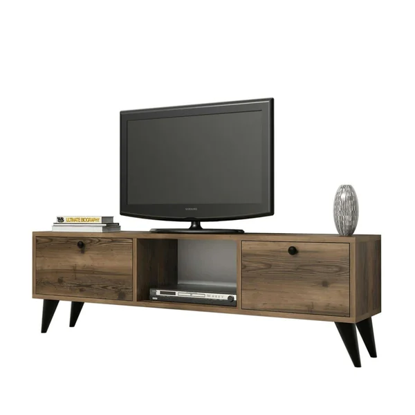 Meuble TV vintage décor bois foncé 2 portes 1 niche UMEA
