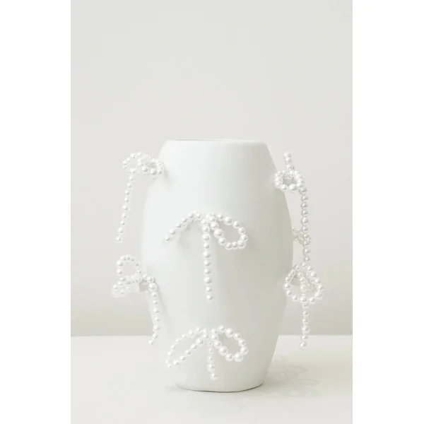 "Notsobig" Power, Corruption, Lies Small Vase In Matte White w/ Faux Pearl Bows