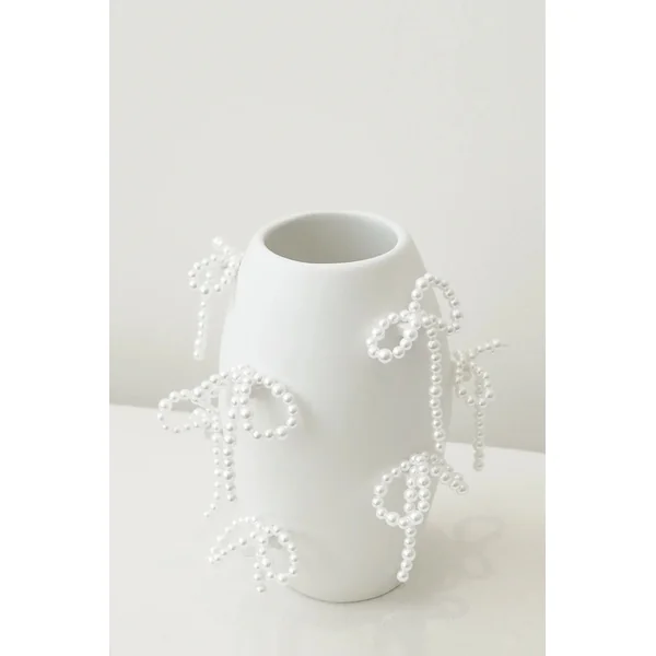 "Notsobig" Power, Corruption, Lies Small Vase In Matte White w/ Faux Pearl Bows