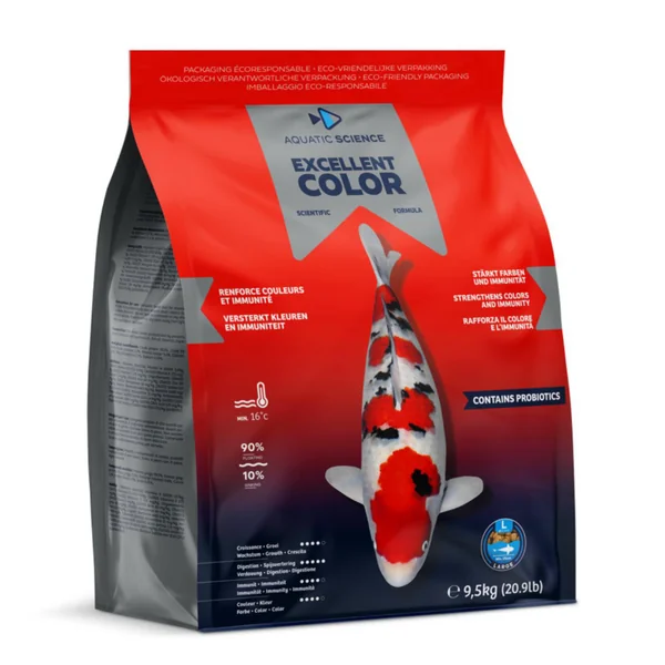 Nourriture complète premium pour koïs de minimum 25 cm de long Aquatic Science Excellent Color - Taille L sac de 9,5 kg