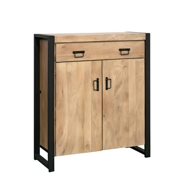 Petit meuble d'entrée bois clair métal noir 2 portes MILORA