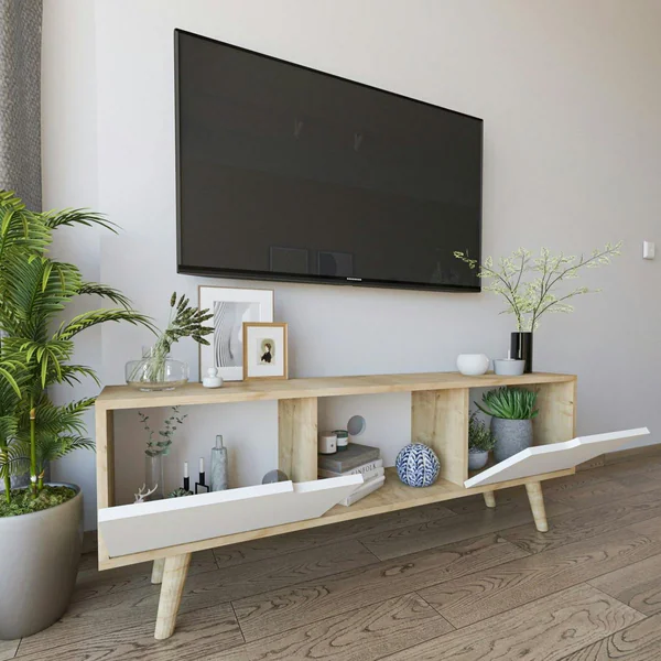 Petit meuble TV 2 portes blanches cadre effet bois clair MARFA