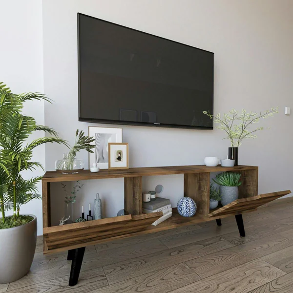 Petit meuble TV 2 portes effet bois foncé pieds noirs MARFA