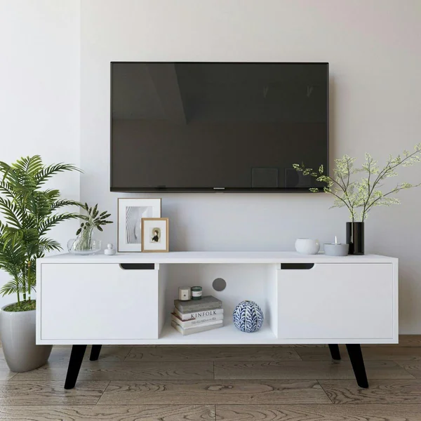Petit meuble TV blanc 2 portes à poignées intégrées MARFA