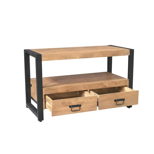 Petit meuble TV bois clair métal noir 2 tiroirs 120 cm MILORA