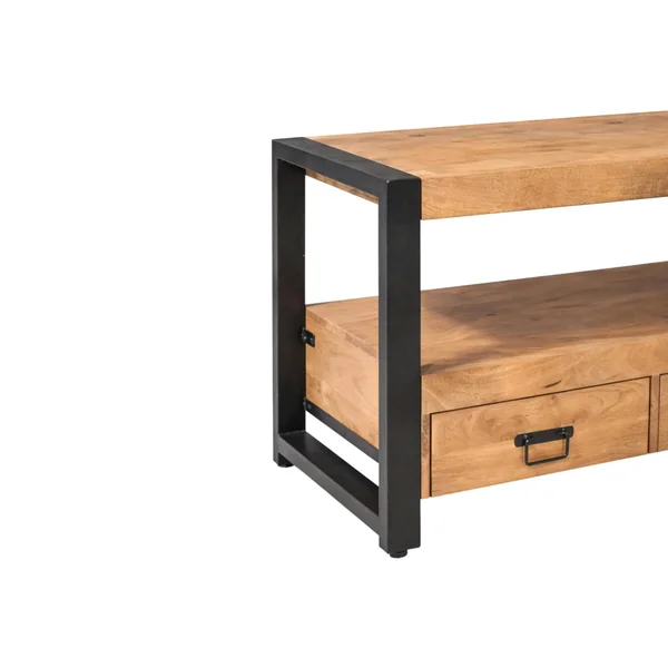 Petit meuble TV bois clair métal noir 2 tiroirs MILORA