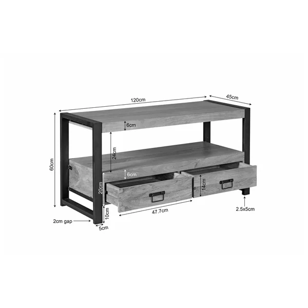 Petit meuble TV bois métal 2 tiroirs 120 cm MILORA