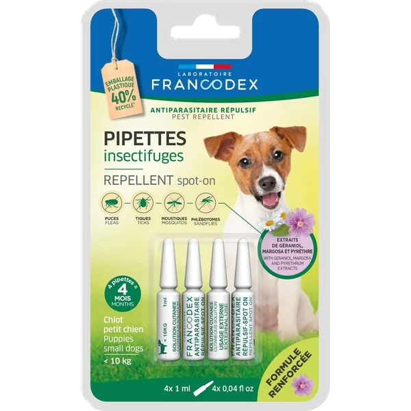 Pipettes insectifuges pour chiot/chien moins de 10kg (x4)