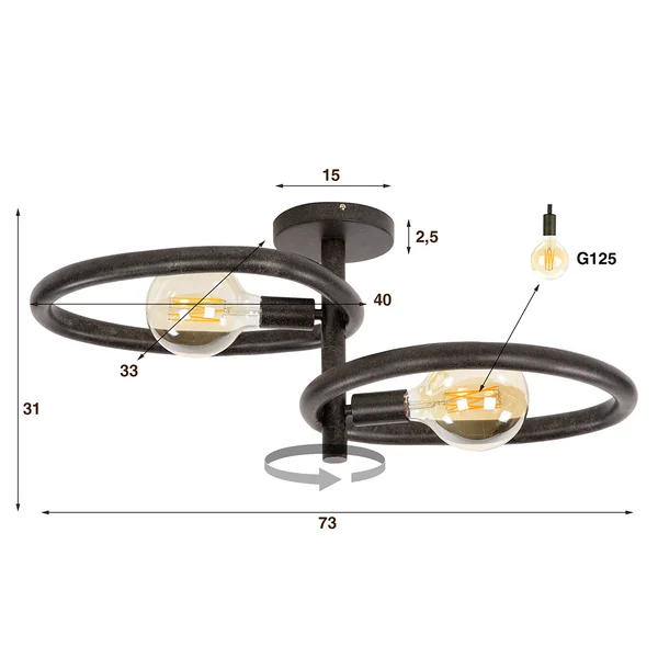 Plafonnier moderne 2 lampes en métal noir Pedge