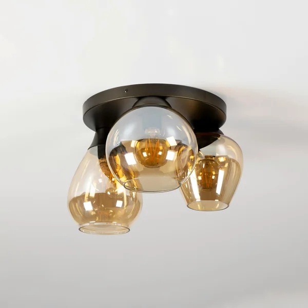 Plafonnier verre ambré métal bronze 3 lampes NOVA